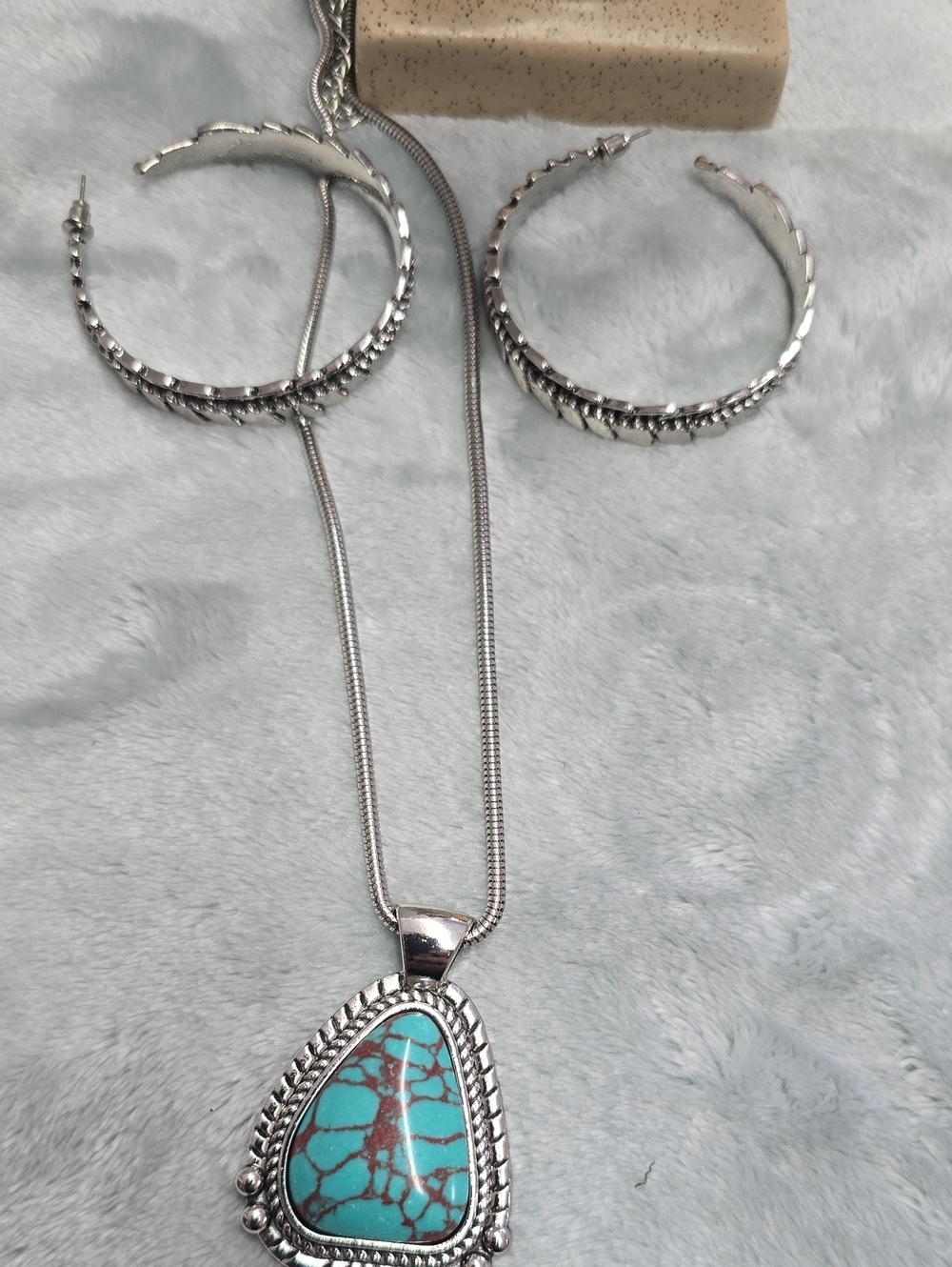 Silver-Tone Turquoise Pendant Necklace with Hoop Earrings - Women Jewelry